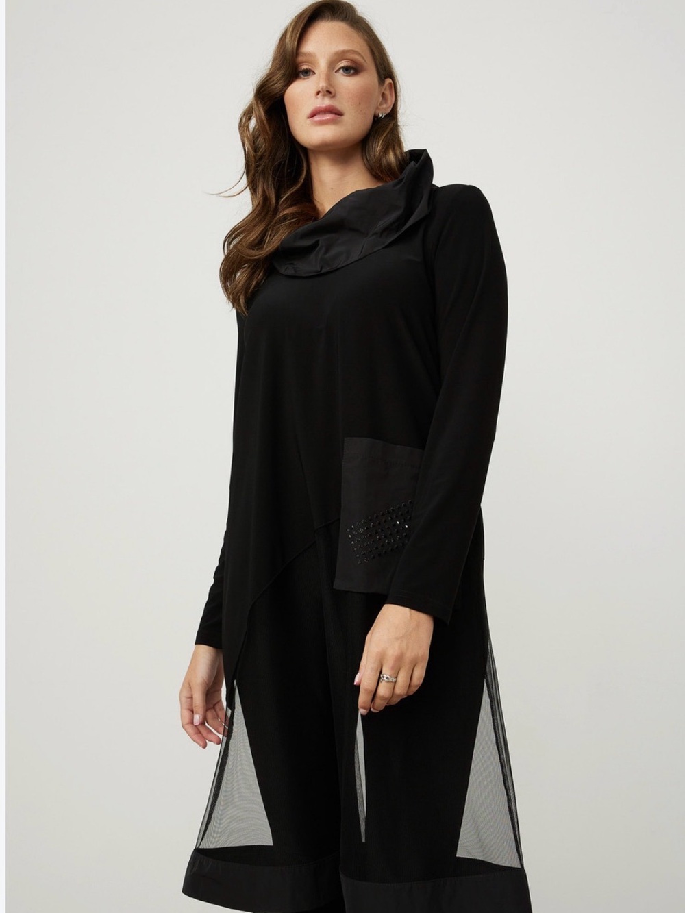 Joseph Ribkoff Black Draped Cowl Tunic with Sheer Insets